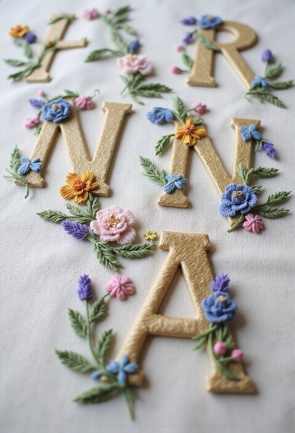 floral adorned capital letter embroidery personalization