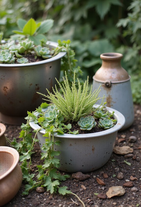 repurposed colanders vertical gardening built in drainage varied sizes