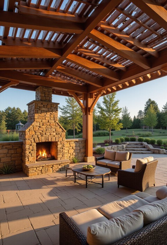 sleek open roof fire featured pergola pavilion